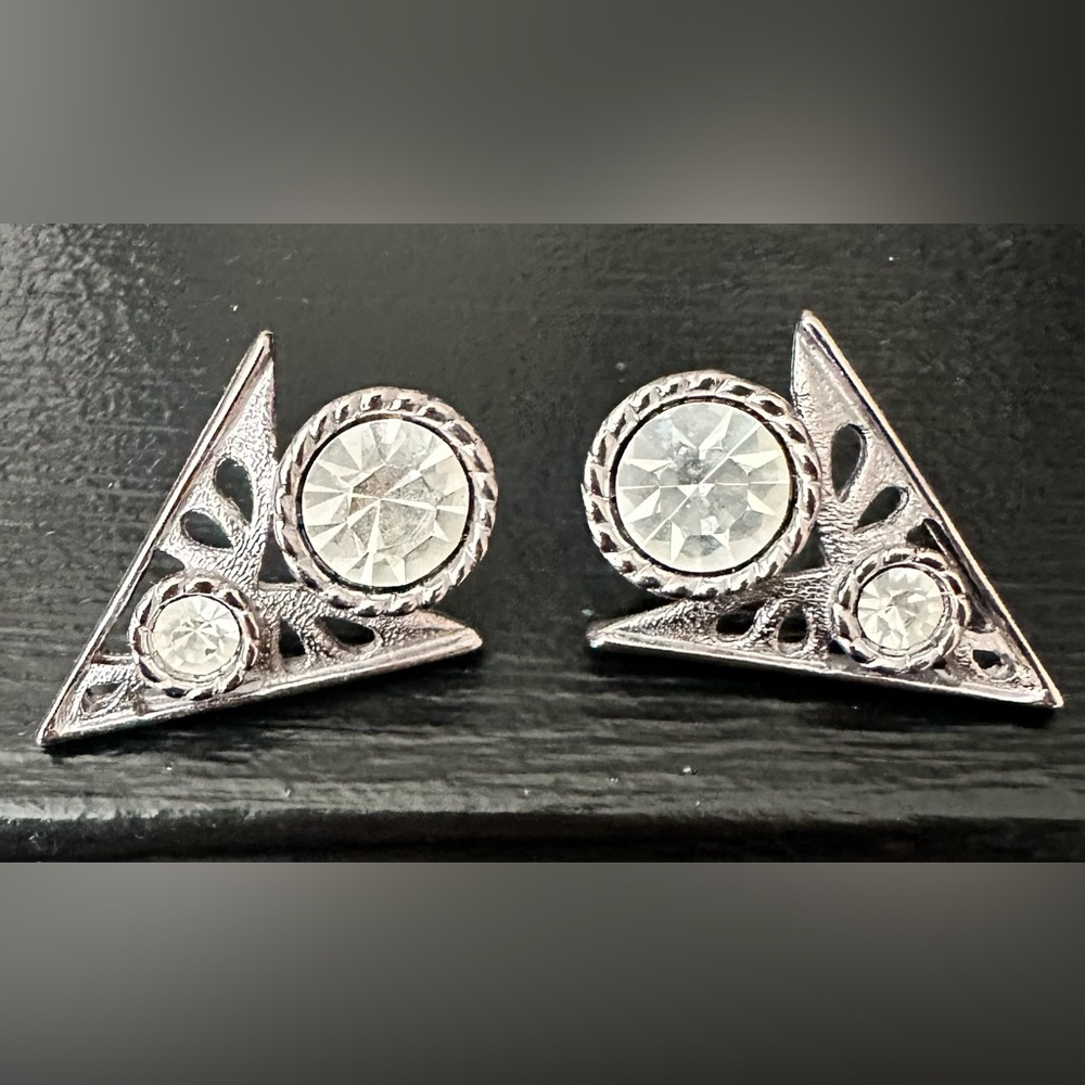 Vintage Silver-Tone Western Collar Tips Clear Crystal